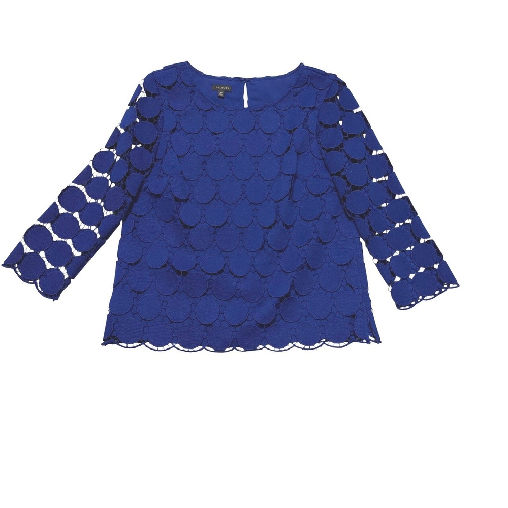 Talbots Blouse Women XS Royal Blue Geometric Circle Lace Overlay 3/4 Sleeve